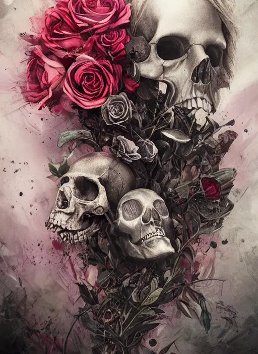 Image similar to Alice in Wonderland,roses, bullets, guns,death tarot card,highly detailed,half skull face,cinematic,8k,by Stanley Artgermm,Tom Bagshaw,Greg Rutkowski,Carne Griffiths, Ayami Kojima, Beksinski, Giger,trending on DeviantArt,hyper detailed,horror, full of colour