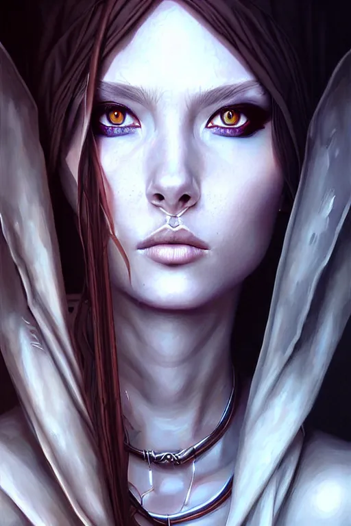 Prompt: Photorealistic hyperrealism priestess in a shady backalley by Artgerm and WLOP