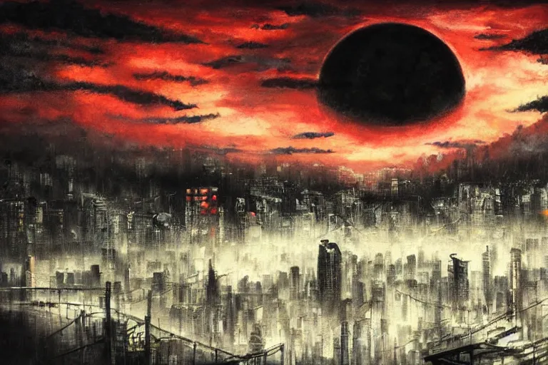 Image similar to concept art, landscape of tokyo, rising black sun, dystopia, paint style, high detail