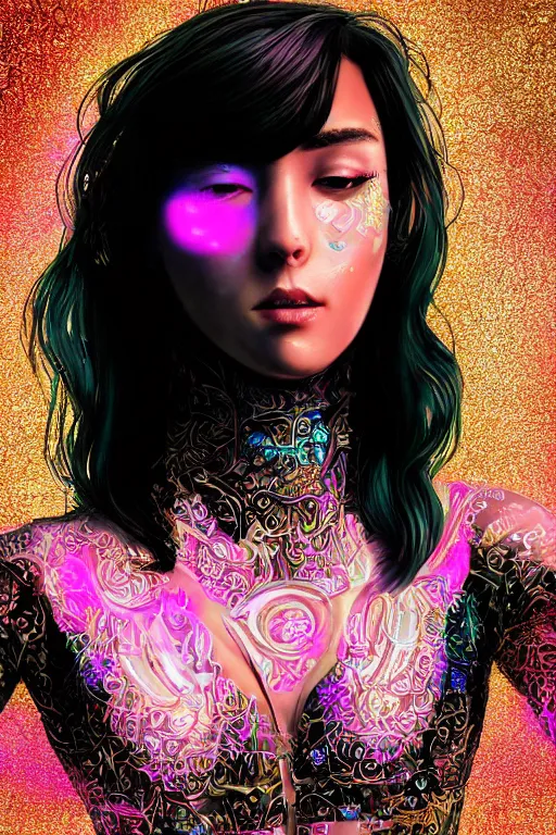 Image similar to An extremely beautiful neon-noir kawaii ornate highly detailed HD portrait of a young attractive woman with a silky bio-luminiscent holographic dress, neo-cyberpunk, professionally painted digital art illustration, smooth, sharp focus, atmospheric lighting, highly detailed illustration highlights, golden ratio, symmetrical facial features, extremely detailed winning award masterpiece, very coherent symmetrical artwork, sense of awe, 8K post-processing, trending on artstation flawless, prismatic highlights, telephoto, depth of field, cinematic, macro, concept art, wepa digital, elegant, epic, octane render, v-ray, C4D