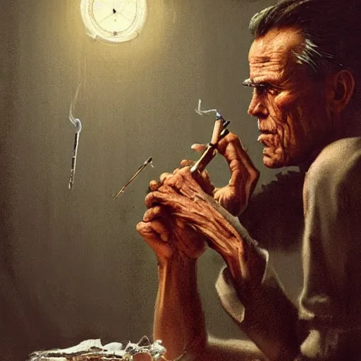 Prompt: a highly detailed epic cinematic concept art CG render digital painting artwork costume design: Henry Fonda as a 1950s tired disillusioned poet, barefoot, smoking a cigarette. volumetric lighting. By Greg Rutkowski, in the style of Francis Bacon and Syd Mead and Norman Rockwell and Beksinski, great attention to anatomy, highly detailed, painted by Francis Bacon and Edward Hopper, painted by James Gilleard, surrealism, airbrush, Ilya Kuvshinov, WLOP, Stanley Artgerm, very coherent, triadic color scheme, realistic facial expression, art by Takato Yamamoto and James Jean