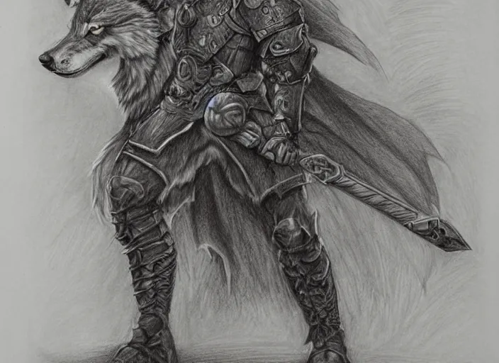 Image similar to a pencil drawing of a wolf, full body, D&D, armor, made by by Pen Tacula