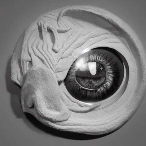 Image similar to an animorphasis sculpture of an eye, highly detailed, black and white