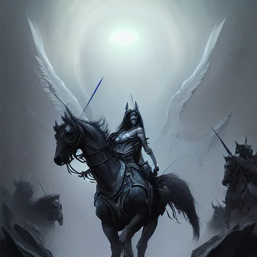 Image similar to concept art by artgerm, death of the four horsemen of the apocalypse, soft grey and blue natural light, intricate, queen of death riding, highly detailed dark art, digital painting, artstation, concept art, smooth, sharp focus, illustration, art by greg rutkowski and luis rollo and uang guangjian and gil elvgren, symmetry!