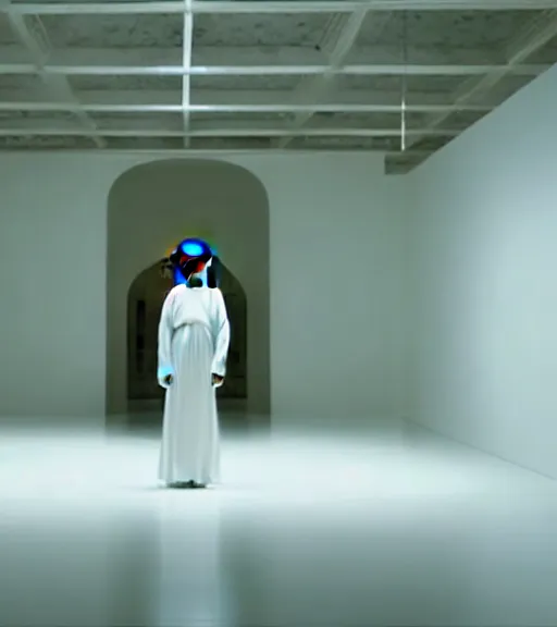 Image similar to Jesus in a white empty room, film still from the movie directed by Denis Villeneuve with art direction by Salvador Dalí, wide lens