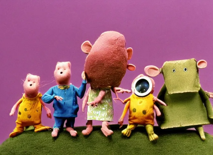 Image similar to a scene from a 1 9 7 0 s british kids tv programme by the bbc and oliver postgate, stop motion animation, the clangers, vhs distortion, folk horror