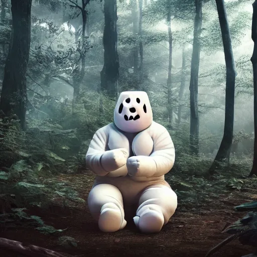 Prompt: A marshmallow man wearing Japan demon mask sitting sad in the forest alone surrounded by animals, enchanted forest, hyperrealistic, detailed, depth of field, High definition, 8k, depth of field, octane render, artstation