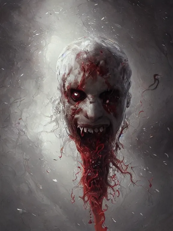 Image similar to painting by greg rutkowski a flying human head with tears running down it's face face that is chalk white in color, with long white!! tentacles!! coming out of the neck, fiery scorching red eyes, flying in a terrying hellish dark cavernous place