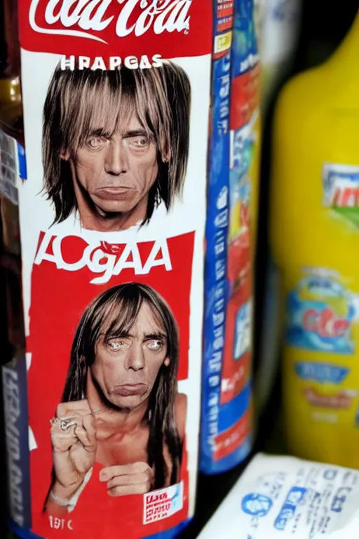 Prompt: a plastic bottle of cola with iggy pop's face on the label, sitting on a store shelf