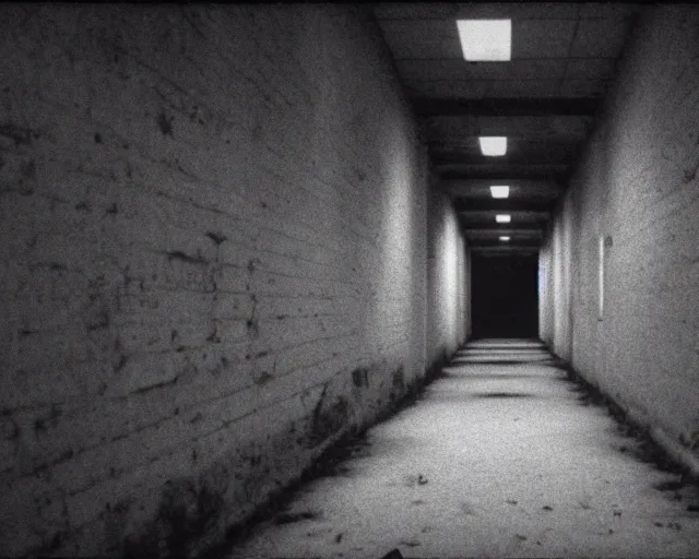 Image similar to dark abandoned hallway at night, a glimspe of something sinister, letterboxing, widescreen, 40mm tape, technicolour film, grainy, horror
