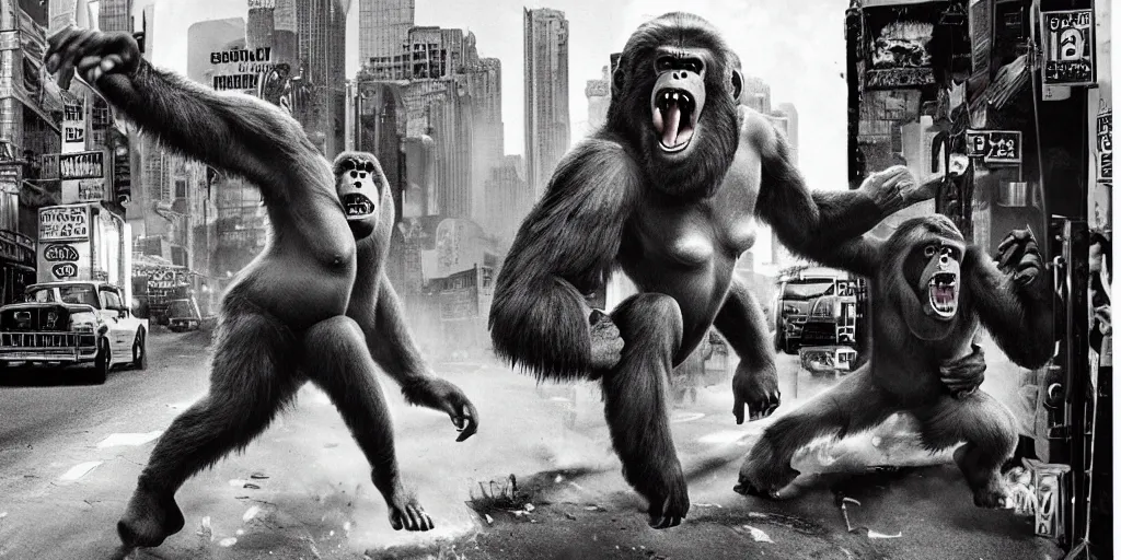 Image similar to An king Kong rage on street, Hollywood scene , cinematic