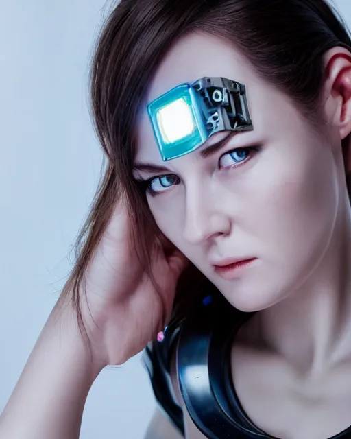 Prompt: close up photo portrait of sleepy female with cyberpunk robotic mechanic implants with linear bright led lights over face and neck, inside white room, ultra - realistic intricate and detailed, 8 k