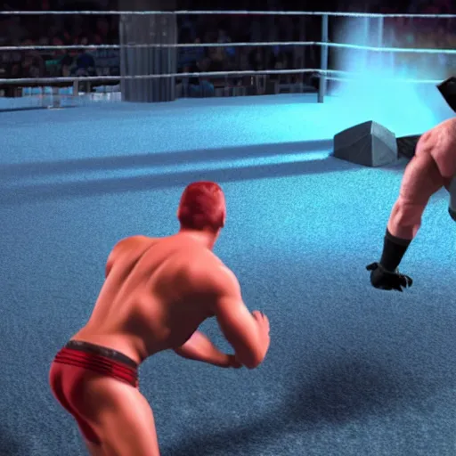 Image similar to giga chad fighting the rock in a wwe arena, cinematic lighting, photorealistic,