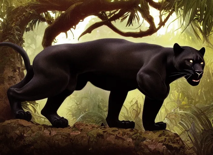 Image similar to animal concept of a black panther melanistic deep black leopard walking on a lush intricate tree, accurately portrayed, portrait art by alphonse mucha and greg rutkowski, highly detailed, digital painting, concept art, illustration, dim lighting with twilight rays of sunlight, trending on artstation, very detailed, smooth, sharp focus, octane render, close up