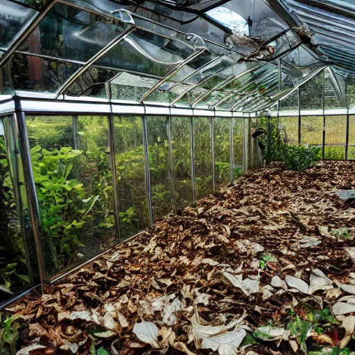 Prompt: boring depressing photo of a infinite length rectangular glasshouse, a boy looks into fish tanks full of sticks and dead leaves