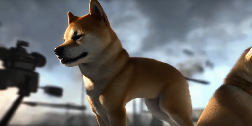 Image similar to A shiba inu dog in Call of Duty Vanguard, cinematic shot, dramatic lighting