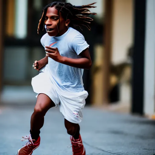 Prompt: portrait of midget a $ ap rocky running down a sidewalk, sharp focus, 4 k professional photograph, soft lighting