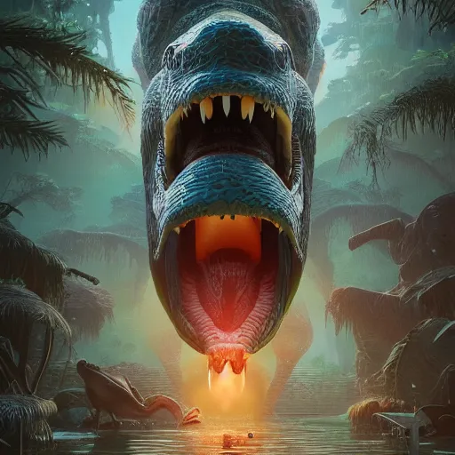 Prompt: a duck standing in front of a hungry dinosaur mouth open intricate artwork by Tooth Wu and wlop and beeple and Dan Mumford. Octane render, trending on artstation, greg rutkowski very coherent symmetrical artwork. Cinematic, hyper realism, high detail 8k