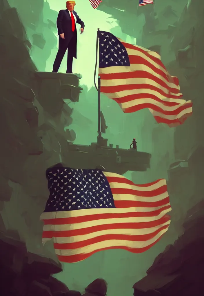 Prompt: portrait of donald trump, republicans party, united states flag behind, fantasy, by atey ghailan, by greg rutkowski, by greg tocchini, by james gilleard, by joe gb fenton, dynamic lighting, gradient light green, brown, blonde cream, salad and white colors in scheme, grunge aesthetic