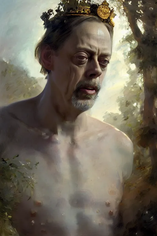 Prompt: beautiful impressionistic oil painting portrait of ancient roman god emperor steve buscemi ascending wearing the civic crown levitating in religious pose, art by anders zorn, wonderful masterpiece by greg rutkowski, expressive brush strokes, beautiful cinematic light, american romanticism by greg manchess, jessica rossier