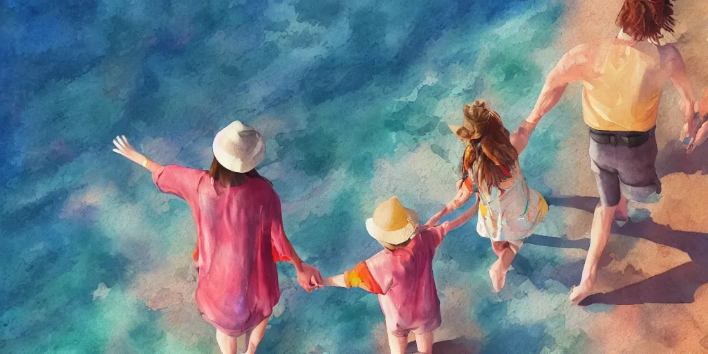 Image similar to hippie style family of woman, men, girl is taller, boy is shorter looking at the ocean holding hands, far - view, art, cinematic composition, octane render, high detail, 8 k, artstation trending, watercolor, artwork by tooth wu, colorful contrast, very coherent, thick lineart