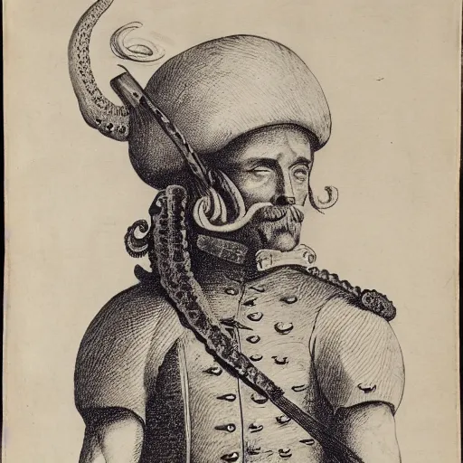 Prompt: tA colonial soldier with an octopus head, engraving, ink, black and white, 17th century