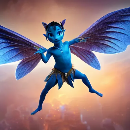 Image similar to full body pose, hyperrealistic photograph of a cute baby navi from avatar, dim volumetric lighting, 8 k, octane beautifully detailed render, extremely hyper detailed, intricate, epic composition, cinematic lighting, masterpiece, trending on artstation, very very detailed, stunning, hdr, smooth, sharp focus, high resolution, award, winning photo, dslr, 5 0 mm