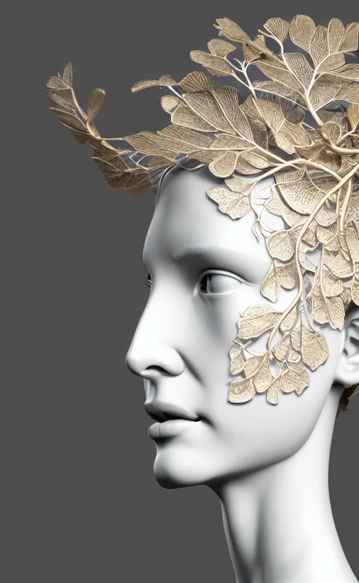 Image similar to complex 3d render of a beautiful porcelain profile woman face, vegetal dragon cyborg, 150 mm, beautiful natural soft light, rim light, silver gold details, magnolia leaves and stems, roots, fine lace, maze like, mandelbot fractal, anatomical, facial muscles, cable wires, microchip, elegant, highly detailed, white metallic armour, octane render, black and white, H.R. Giger style