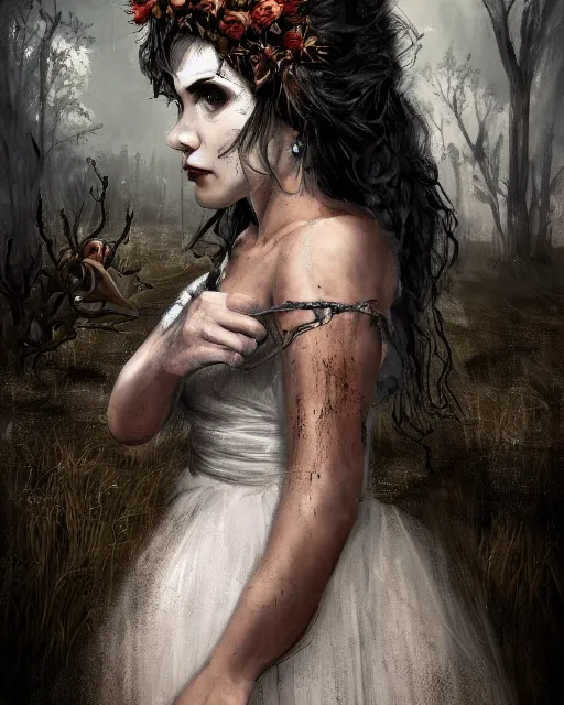 Prompt: Digital painting of a desperate looking bride wearing a crown of thorn, southern gothic scene, typical louisiana background, dark concept art in the style of the videogame Hunt Showdown, digital art, highly detailed, intricate, sharp focus, Trending on Artstation HQ, deviantart, 4K UHD image