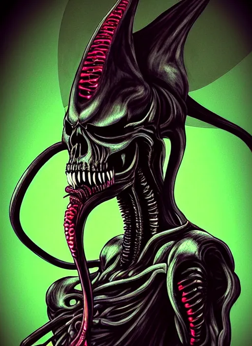 Prompt: skull - tongue as xenomorph queen, psycho stupid fuck it insane, looks like death but cant seem to confirm, cinematic lighting, psychedelic fluorescent phosphorescent patterns, various refining methods, micro macro autofocus, ultra definition, award winning photo, to hell with you, glowing bones, devianart craze, a gammell - giger film