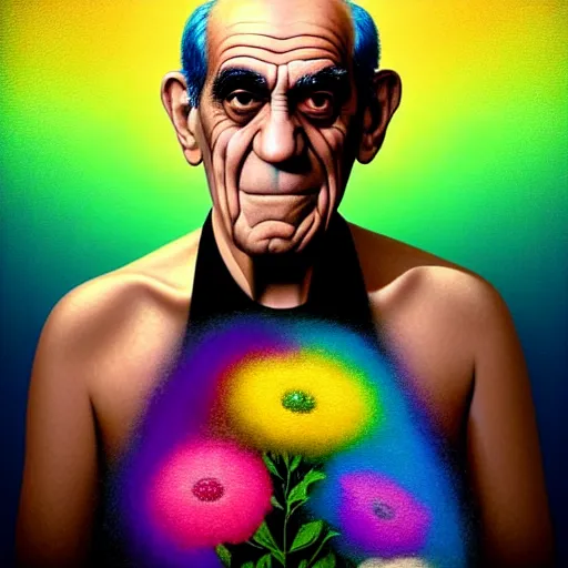 Image similar to abe vigoda looking at the camera, she has rainbow hair and a beautiful unconventional face, there is an explosion of flowers in the background, elegant, highly detailed, digital painting, artstation, realism, concept art, pop, smooth, mythological, sharp focus, qualia, illustration, art by mark ryden 3 d 8 k ultra detailed