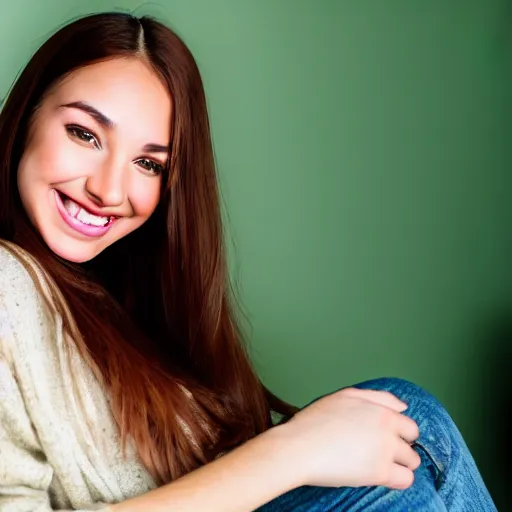 Image similar to a cute young woman smiling, long shiny bronze brown hair, full round face, green eyes, medium skin tone, light cute freckles, smiling softly, wearing casual clothing, relaxing on a modern couch, interior lighting, cozy living room background, medium shot, mid-shot, soft focus