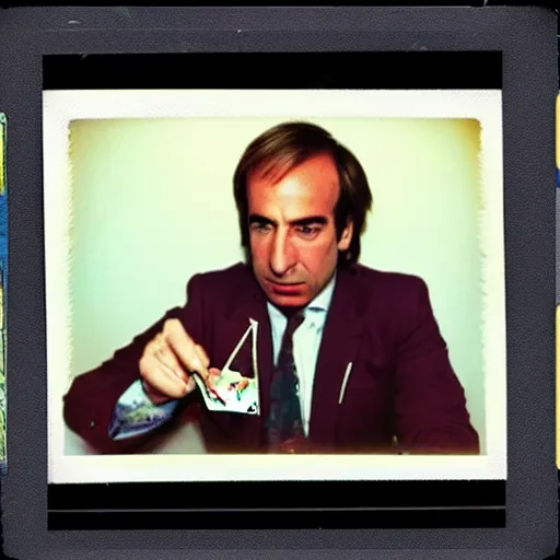 Prompt: 80's polaroid photo of saul goodman playing poker with the taliban