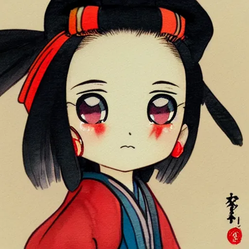 Prompt: beautiful water color concept art of face detailing cute nendoroid girl in the style of ukiyoe , toon rendering, close-up, no shade, modern art