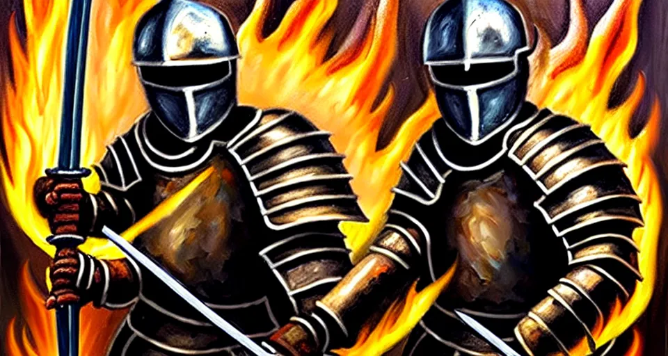 Image similar to An oil painting of a knight in dark metal armor wielding a flaming sword