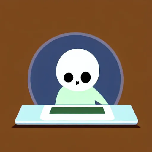 Prompt: simple vector illustration of a cute and friendly ghost, wearing glasses, typing on a laptop