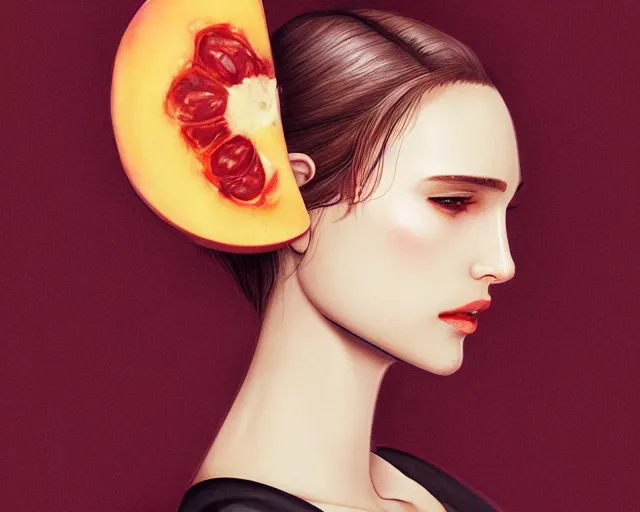 Image similar to vogue magazine, elle magazine, inside a large fruit peach slice, anime korean natalie portman face, ilya kuvshinov, greg rutkowski, john singer sargent, anime, trending on artstation, intricate