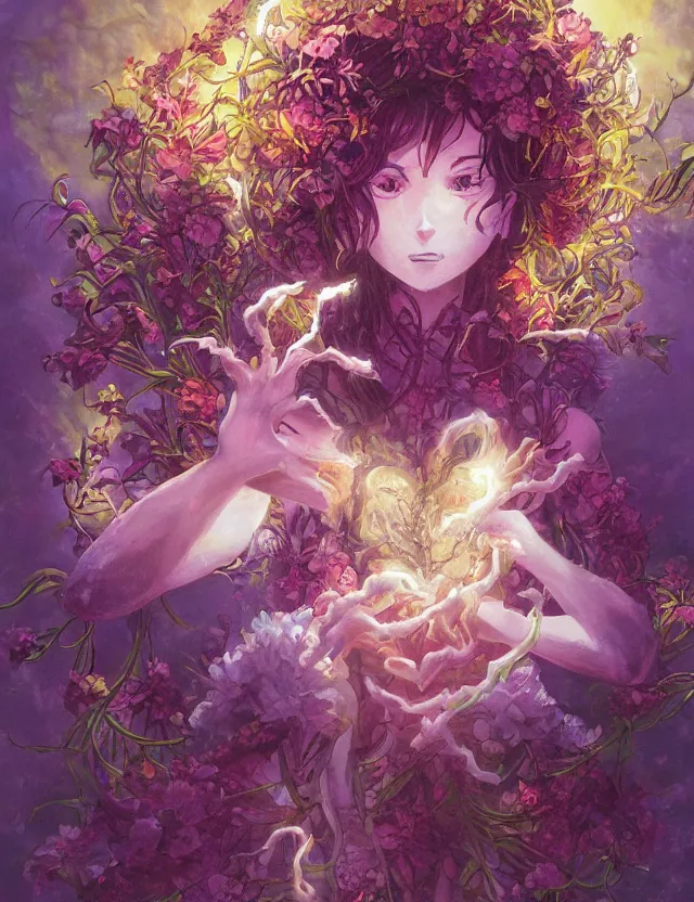 Image similar to lovecraftian deity of light and flowers. this oil painting by the award - winning mangaka has interesting color contrasts, plenty of details and impeccable lighting.