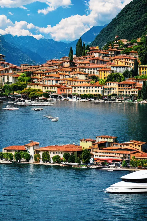 Prompt: Photo of a Riva Aquarama docked in Lake Como, with Lake Como in the background, wide shot, daylight, blue sky, summer, dramatic lighting, award winning, highly detailed, 1980s, luxury lifestyle, fine art print, best selling.