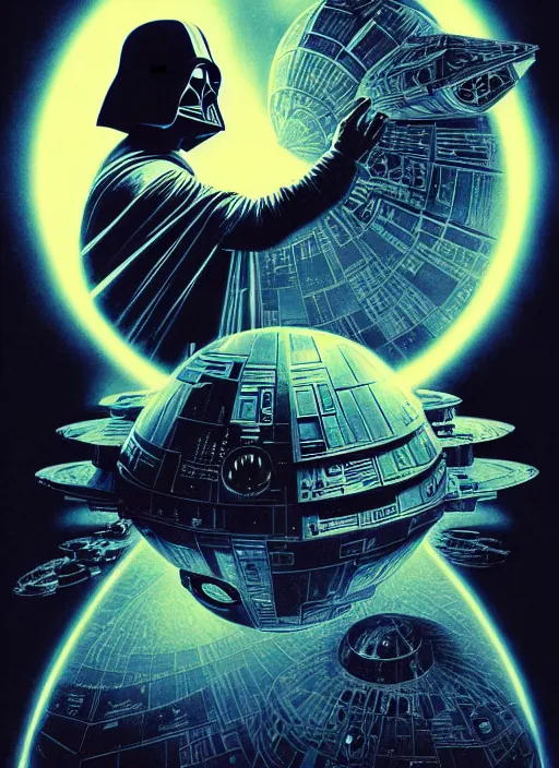 Image similar to platonic ideal luke skywalker, nazgul mandelbulb, deathstar, millenium falcon, detailed, darth vader, action pose, intricate, volumetric lighting, moebius, dan mumford, alphonse mucha, poster,