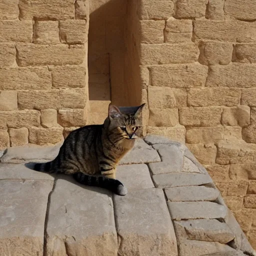 Image similar to A tabby cat seated on a throne inside the Great Pyramid of Giza