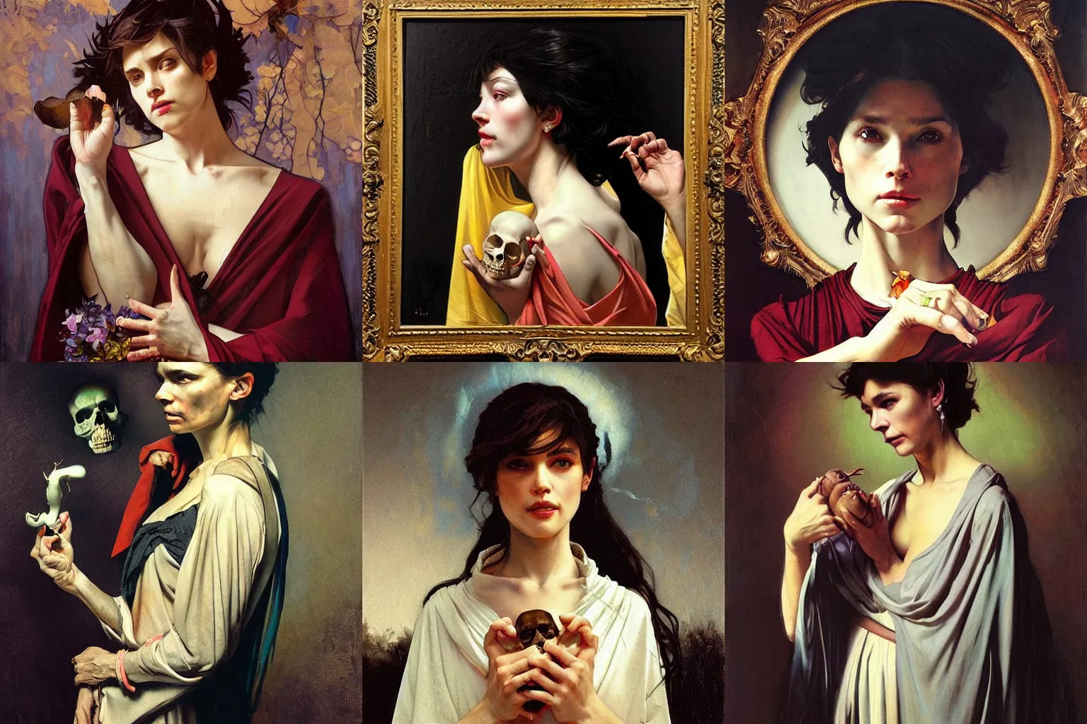 Prompt: A which!!! stares at a skull in her hand¿ She wear a long dark robe. Painted by Caravaggio, Greg rutkowski, Sachin Teng, Thomas Kindkade, Alphonse Mucha, Norman Rockwell, Tom Bagshaw. Oil painting