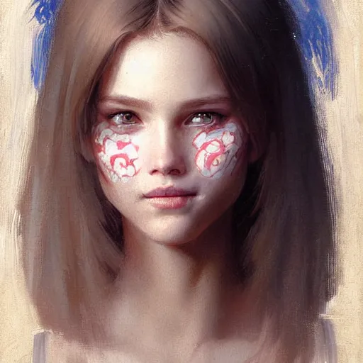 Image similar to Facial portrait of a cute shy girl, looking at the camera, slight awkward smile, lips slightly parted, no hands visible,, intricate, extremely detailed painting by Greg Rutkowski and by Henry Justice Ford and by Steve Henderson and Jean Giraud