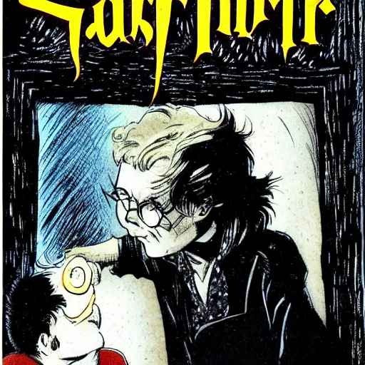 Prompt: comics Harry Potter talking to the Sandman in The Sandman comic, by Neil Gaiman, by Dave McKean, comics Sandman, small details, whole-length