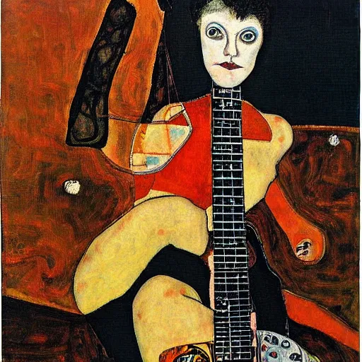 Image similar to Punk Punk Punk girl playing electric guitar, oil painting by Egon Schiele, masterpiece