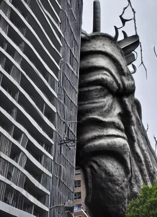 Image similar to giant monster walking between buildings, and it has the face of the statue of liberty