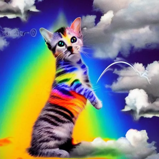 Prompt: A rainbow kitten with wings is flying among the clouds