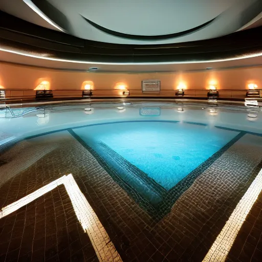 Image similar to a flooded indoor pool, underground, surreal, hotel pool, iminal space,