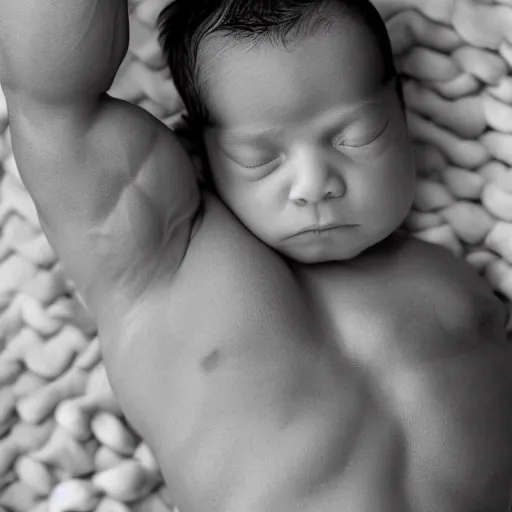 Image similar to a newborn baby with huge muscles, barrel chested, bodybuilder baby, rippling muscles, huge veins, bulging muscles, ripped, award winning photography, high detail