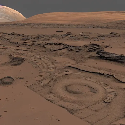 Image similar to a streetscape on mars in the future with many structures, realism